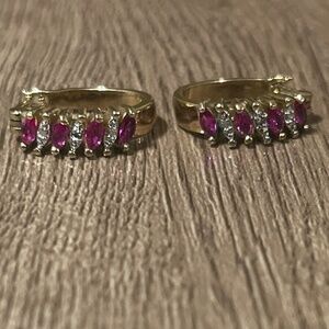 Brass  Ruby and diamond hoop earrings